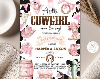 May include: A baby shower invitation with a cowgirl theme. The invitation features a pink and brown color scheme with illustrations of a cowgirl hat, boots, and a baby calf. Text reads "A little cowgirl is on her way!" and details for the event.