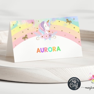 Étiquette d'anniversaire licorne pliable en deux, nourriture ou nom pour tente, carte pliée 3,5 x2, 3,5 x 4 dépliée, étiquettes d'anniversaire licorne, corjl imprimable numérique.