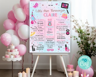 Little Miss Threenager 3rd birthday girl milestones sign, birthday chalkboard, threenager milestone sign, corjl editable digital printable.