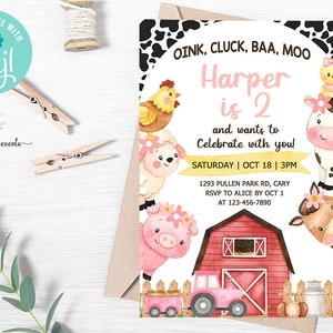 Farm girl birthday invitation, girl farm animals & tractor birthday invite, digital printable, oink cluck baa moo, girl cow print, corjl