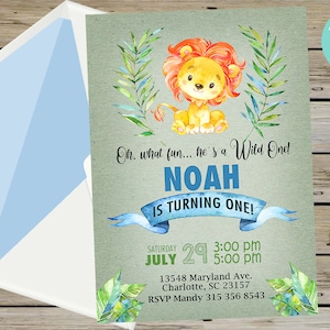 Lion boy 1st birthday invitation, lion cub boy first birthday invite, corjl digital printable, wild one, wild one invite, tropical leaves.