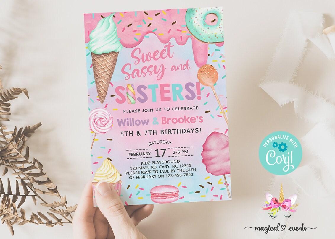 Invitación de cumpleaños para niñas Sweet Sisters, invitación de cumpleaños,  donut de algodón de azúcar, helado, cupcake, imprimible digital corjl -  Etsy México, image size:1132x809