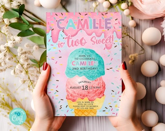 TWO SWEET ice cream girl 2nd second birthday invitation, girl birthday invite, corjl digital printable, ice cream girl birthday invitation.