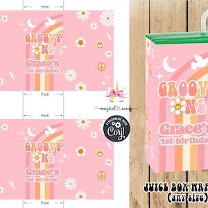 Groovy One juice box labels, girl first 1st birthday party favor favors, groovy one birthday, corjl customized juice box label, sheet with 2