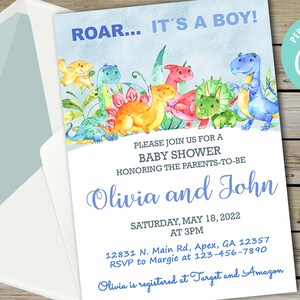 Blue dinosaurs baby shower invitation, boy invite, dinosaurs green leaves, digital printable, download, roar stomp its a boy, corjl editable