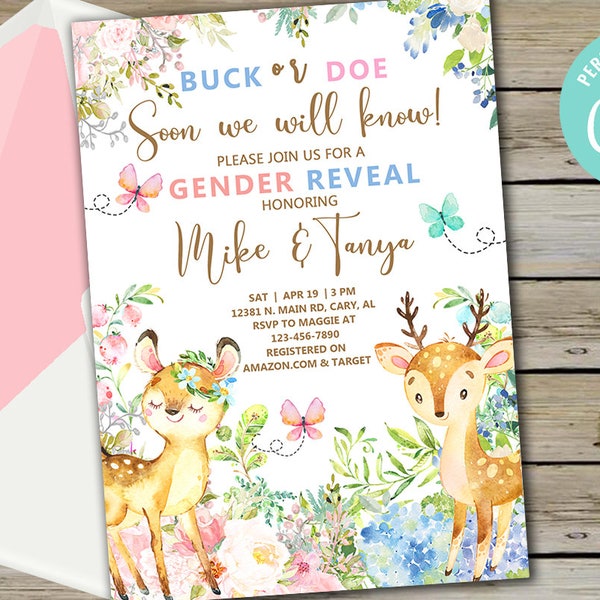 Buck or doe gender reveal invitation, gender reveal invite, deer gender reveal, buck or doe, digital printable, download, corjl editable.