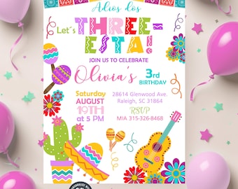 È ORA DI FESTA invito per il terzo compleanno di una bambina, invito per il terzo compleanno di una bambina, invito per la festa, stampabile digitale Corjl, festa messicana.
