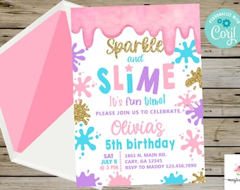 Sparkle and Slime girl birthday invitation, girl slime birthday invite, corjl digital printable, its fun time, slime pastel colors, gold.