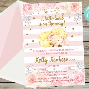 Pink lamb baby shower invitation, girl baby shower invite, pink flowers gold, pink lamb baby shower, corjl digital printable, hello baby.