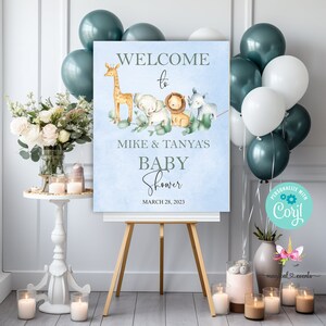 16x20 safari animals baby shower welcome sign, safari / jungle, boy safari welcome sign, elephant lion giraffe rhino, boy safari, corjl.