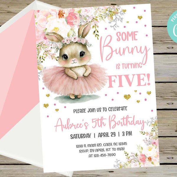 Bunny ballerinas girl birthday invitation, ballet ballerina girl birthday invite, digital printable, corjl editable, bunny bunnies flowers.