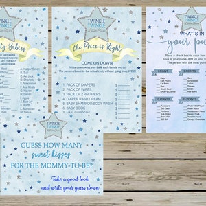 Twinkle Twinkle Little Star babyshowerspellenbundel, jongensshowerspellenpakket, jongensbabyshowerspellenpakket, 4 spellen, blauwe en zilveren sterren.