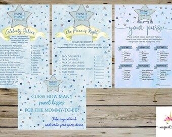 Twinkle twinkle little star baby shower games bundle, boy shower games package, boy baby shower games pack, 4 games, blue and silver stars.