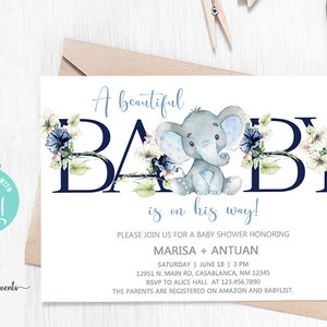 Elephant boy baby shower invitation, invite, blue flowers, blue letters, digital printable, corjl editable, boy elephant baby shower invite.