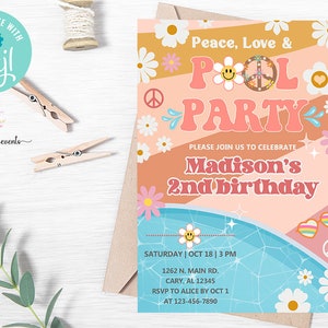 Groovy pool party birthday invitation, 70&#39;s retro hippie daisies, girl groovy pool birthday invite, corjl digital printable, smileys rainbow