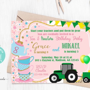 Siblings tractors & tea birthday invitation, boy girl brother sister, birthday invite corjl digital printable, green tractor teacup tea pot