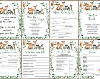 May include: A set of 10 printable baby shower game cards featuring woodland animals, including a fox, owl, raccoon, and rabbit. The games include "Guess How Many M&Ms Fill the Bottle", "How Big is Mommy's Belly", "Name That Baby Song", "Pacifier Hunt", "Baby Predictions & Advice", "Who Knows Mom Best", "The Price is Right", and "Scramble".