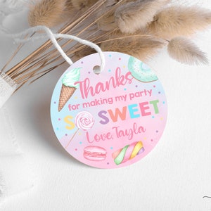 Sweet One girl birthday thank you tags, birthday favors, girl sweets candy donut ice cream, thank you tag, corjl editable, two sweet tags.