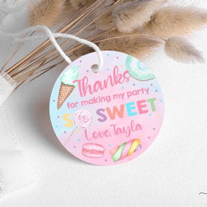 Sweet One meisje verjaardag bedank tags, verjaardagsgunsten, meisjes snoep snoep donut ijs, bedank tag, corjl bewerkbaar, twee zoete tags.