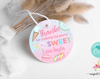 Sweet One girl birthday thank you tags, birthday favors, girl sweets candy donut ice cream, thank you tag, corjl editable, two sweet tags.