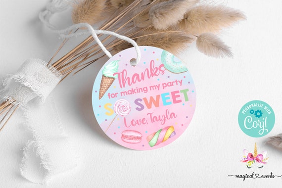 Sweet One girl birthday thank you tags, birthday favors, girl sweets candy donut ice cream, thank you tag, corjl editable, two sweet tags.