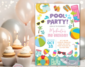 May include: A colorful pool party invitation with a shark, beach ball, and other summer-themed illustrations. The text reads "Pool Party! Join us to celebrate Michaela's 2nd Birthday! Saturday Oct 18 at 3:00 PM 12938 N. Main Rd. Cary, GA 12345 RSVP to Alice at 123-456-7890"