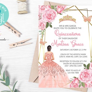 Sweet 16, Quinceañera invitation, pink roses gold frame, butterflies, pink quinceañera, pink sweet 16, digital printable corjl editable.