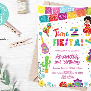 Girl fiesta birthday invitation, girl 2nd second birthday invite, time 2 fiesta, Mexican serape flowers buntings, corjl digital printable.