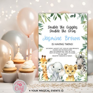Safari animals baby shower invitation, boy safari invite, digital printable, elephant giraffe lion zebra, twins, twin boys, corjl editable.
