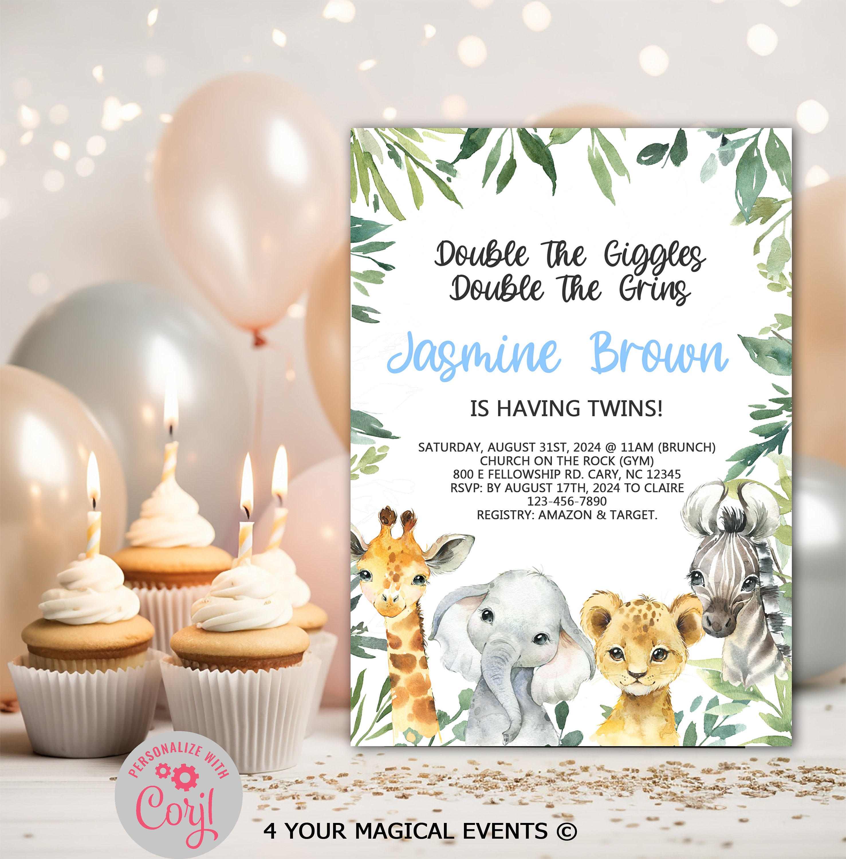 Safari Tiere Baby-Dusche-Einladung, Junge Safari einladen, digital  bedruckbar, Elefant Giraffe Löwe Zebra, Zwillinge, Zwilling Jungen, Corjl  bearbeitet werden. - Etsy Österreich, image size:2954x3000