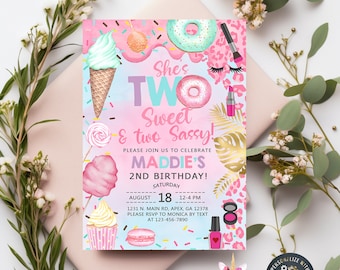 Candy two sweet two sassy girl 2nd birthday invitation, birthday invite, sweets donut ice cream corjl digital printable, makeup animal print