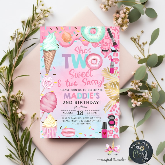 Candy two sweet two sassy girl 2nd birthday invitation, birthday invite, sweets donut ice cream corjl digital printable, makeup animal print