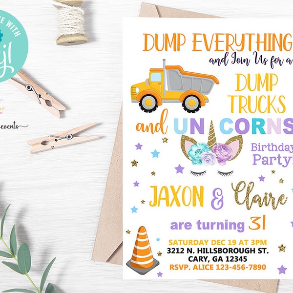 Siblings dump truck and unicorn birthday invitation, boy girl brother sister, birthday invite, digital printable, dump everything, corjl.