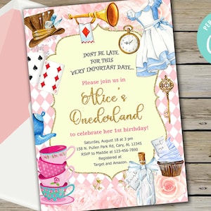 Alice in Onederland girl&#39;s 1st, first birthday invitation, Alice in Wonderland, digital printable, instant download, corjl editable, pink.