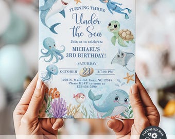 Three under the Sea birthday invitation, boy 3rd birthday invite, under the sea ocean life invite, digital printable, boy 3rd birthday.