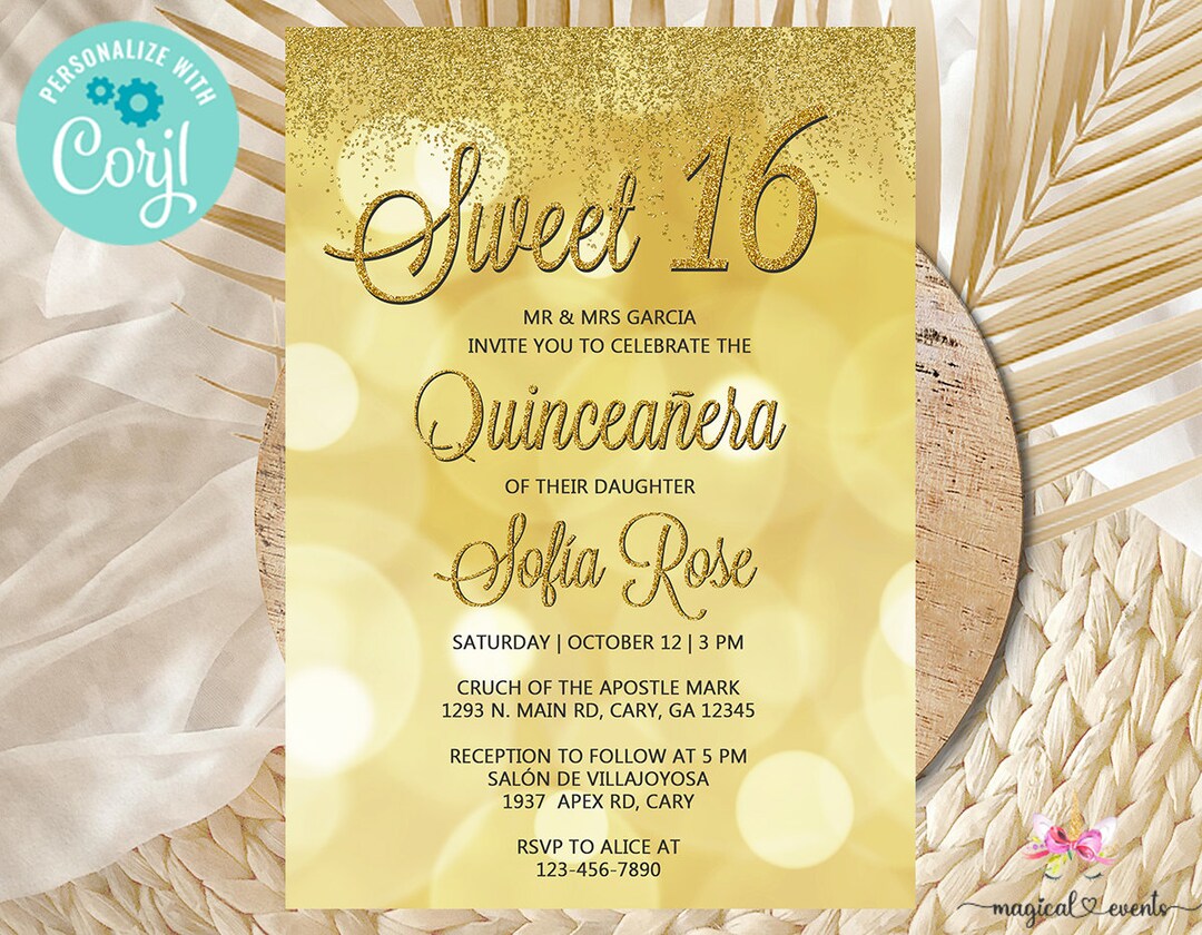 Sweet 16, Quincea??era Invitation, Gold Bokeh, Gold Glitter Waterfall