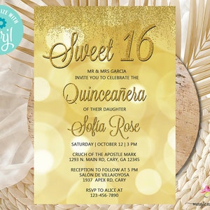 Sweet 16, Quinceañera invitation, gold bokeh, gold glitter waterfall, gold quinceañera, sweet 16 sixteen, digital printable corjl editable.
