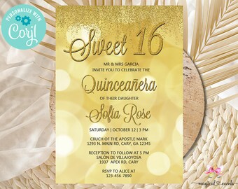 Sweet 16, Quinceañera invitation, gold bokeh, gold glitter waterfall, gold quinceañera, sweet 16 sixteen, digital printable corjl editable.