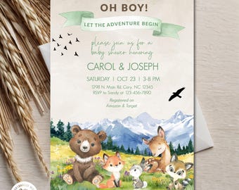 May include: Baby shower invitation with watercolor illustrations of woodland animals, including a bear, fox, deer, and raccoon. The invitation reads "OH BOY!" and "LET THE ADVENTURE BEGIN". The event is for Carol & Joseph.