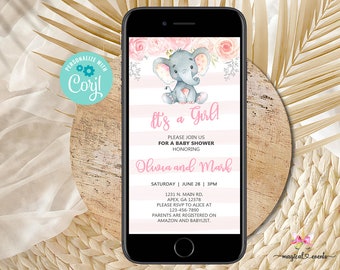 Pink elephant baby shower cell phone invite, pink flowers & elephant phone invitation, electronic invite, elephant, corjl digital invite.