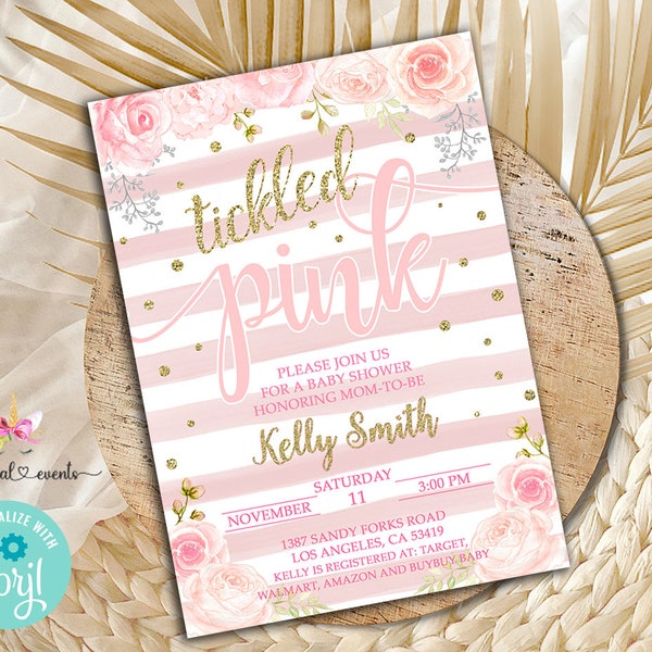 Tickled pink baby shower invitation, girl baby shower invite, pink roses, gold, pink baby shower gold, digital printable, corjl editable.