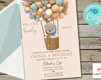 Bearly wait, bear baby shower invitation, boho boy invite, blue balloons, digital printable, corjl editable, hot air balloon, brown bear.