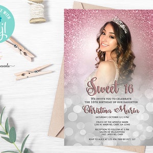 Süße 16 sechzehn Foto Einladung, Quinceañera, Silber Bokeh, Roségold Glitzer, digital druckbar, corjl editierbar, Foto einladung sweet 15.