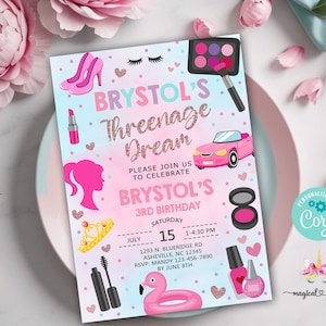 Threenage Dream moda e trucco ragazza 3° invito di compleanno, invito di compleanno per trucco spa per ragazze, stampabile digitale corjl, threenager.