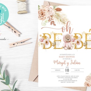 Boho pampas gras &beer babyshower uitnodiging, meisje roze beer babyshower uitnodiging, digitaal afdrukbaar, bebe Spaanse español, corjl bewerkbaar.