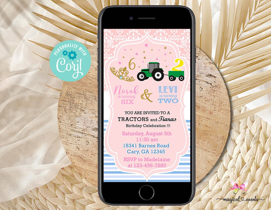 Tiaras & Tractors Siblings Birthday Invite, Cell Phone Invitation