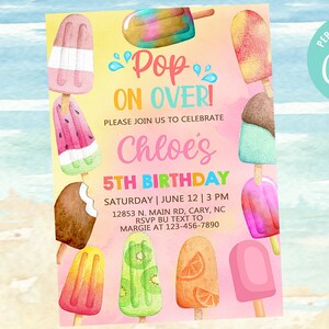 Pop on over popsicles girl 5th fifth birthday invitation, invite, popsicles invite, summer invitation, digital printable, corjl editable.
