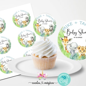 Safari baby shower cupcake toppers, safari animals favor, favors, digital printable, customized topper, safari cupcake topper or sticker.
