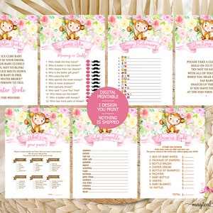 Könnte beinhalten: Ein Satz druckbarer Babyparty-Spielkarten mit einem Affen- und Blumendesign. Die Spiele beinhalten "My Water Broke", "Guess Who: Mommy or Daddy", "Emoji Pictionary", "Don't Say Baby", "What's in Your Purse", "Baby Scramble" und "Price is Right".
