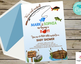 Reel excited fishing baby shower invitation, boy baby shower invite, fishing boat, corjl digital printable, gone fishing, ofishally invited.